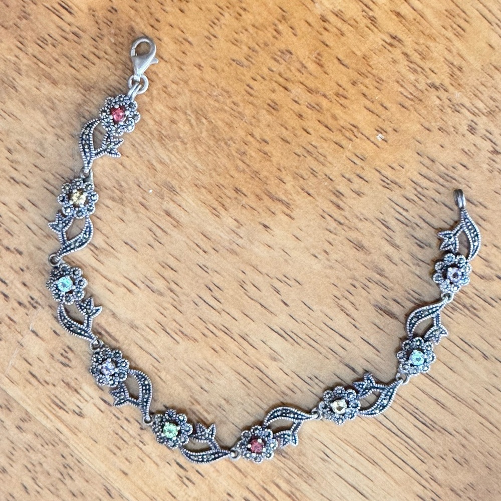 Floral Silver Bracelet with Multicolor Accents